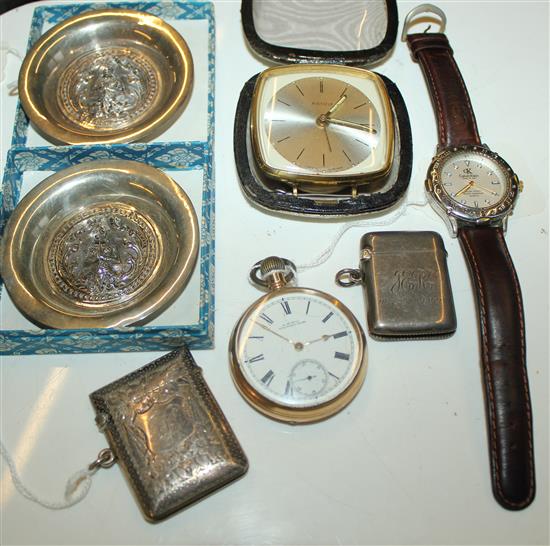 Waltham gold-plated pocket watch, Calvin Klein wristwatch, travelling alarm, 2 silver vestas & pair Thai Sterling dishes